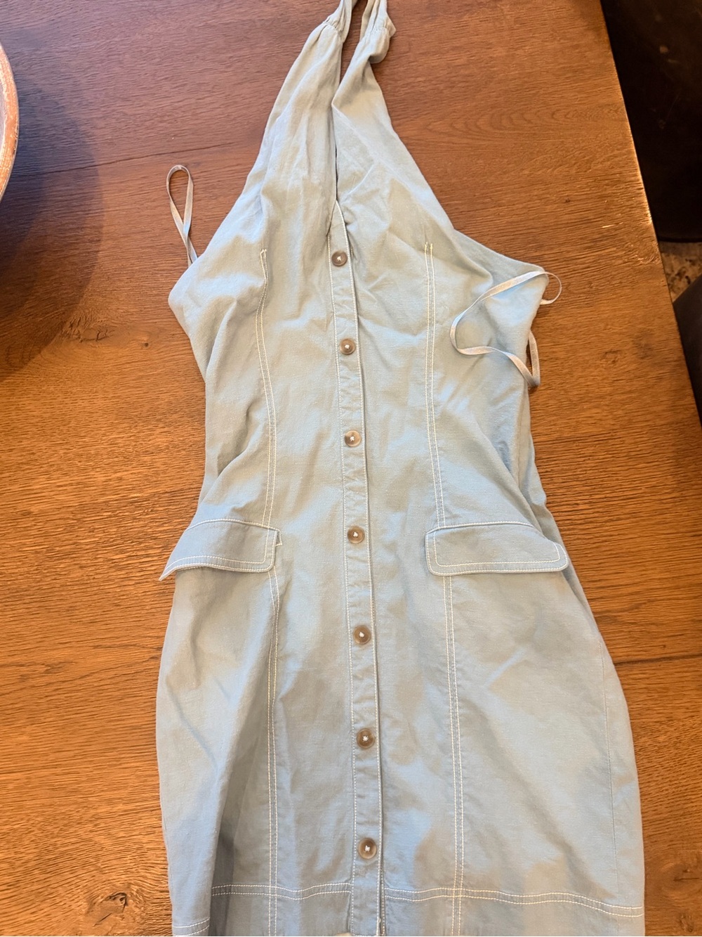 Maeve Light Blue Button-Front Halter Mini Dress